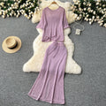 Korean style hollow-out age-defying set: women's loose-fit versatile crew neck short sleeve knit top + waist-defining bodycon fishtail midi skirt