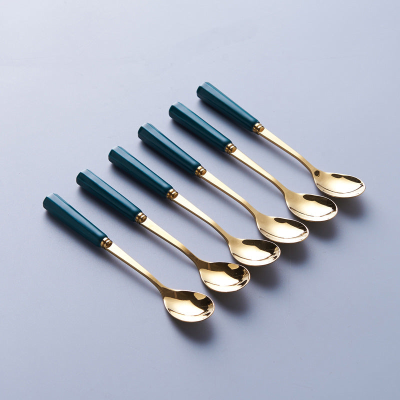 Gold-trimmed striped ceramic fruit fork storage jar - stylish stainless steel fruit forks, a great home essential, spoon and fork set