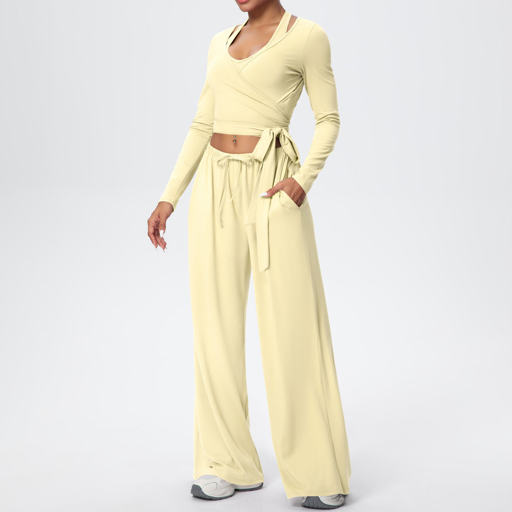 New brushed fleece quick-dry yoga outfit set - three-piece activewear with drawstring and tie details for sports, outdoor training, running, and fitness