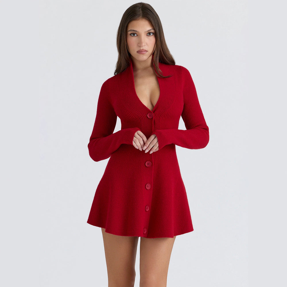 Amazon  fall/winter new women's solid color v-neck single-breasted long sleeve cinched waist sexy knit dress
