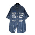 Hong kong style retrocasualbf style fashionable denim shirt for women summersense of designasymmetricalletterprintingtops for women