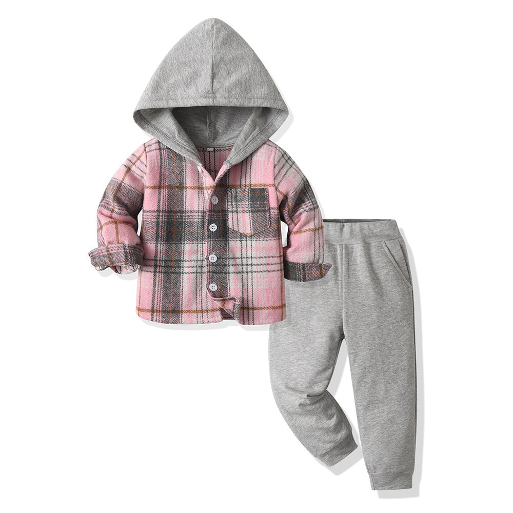 boys' autumn suit, new handsome fashionablekids autumn suit, plaid shirt two-piece set, baby boy autum children's clothing