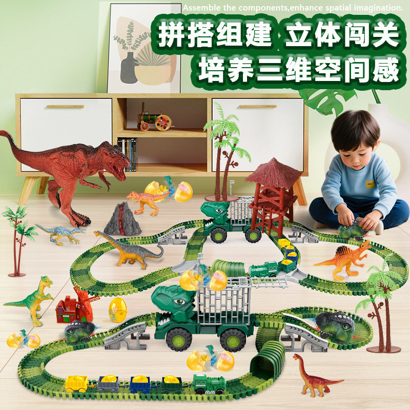 hot-selling electric dinosaur track car diy versatile assembly building educational roller coaster tunnel toy wholesale