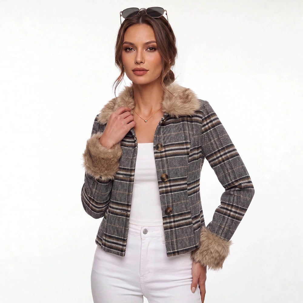 fashion cross-border grids pattern fur collar short outwearretrogrids pattern imitation fur collar cuffs single-breasted silmoutwear