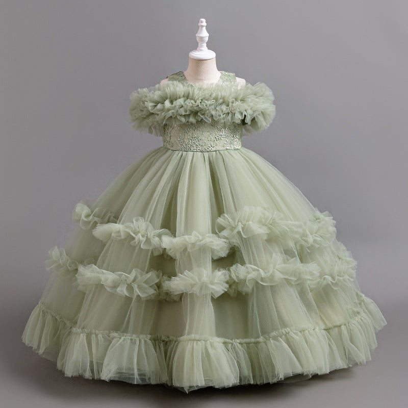 Export cross-border fashion style girl dress long piano performance flower girl wedding dress tutu skirt birthday in stock hot sale