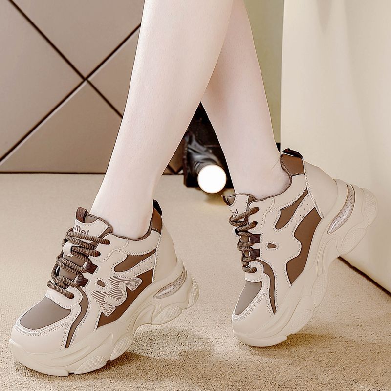 Women's shoes 2025 heightened new spring and autumn versatile little white shoes soft leather heightened sports platform casual dad shoes women