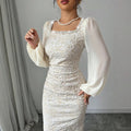 european and american new arrival: off-white embossed lace square neck maxi dress with rhinestone-embellished lantern sleeves, slim fit bodycon midi dress