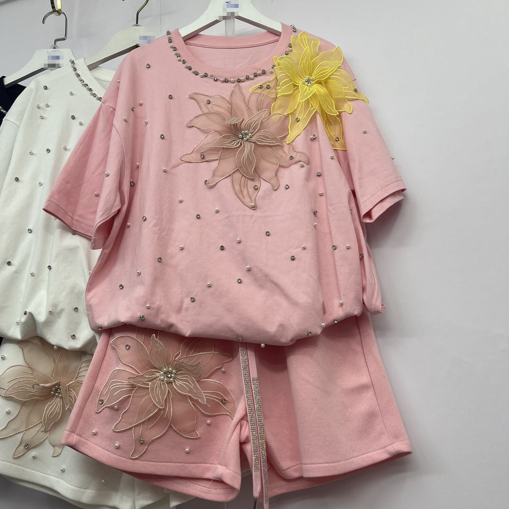 Fashionsuit european goods sense of design butterfly diamond short-sleeved t-shirt tops women + elastic waist wide-leg shorts two-piece set