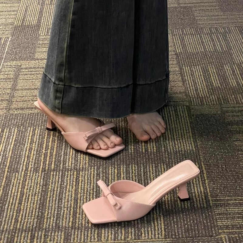 French square toe small sandals thin heel high heels women 2025 summer new arrival bows one-line slippers half slippers