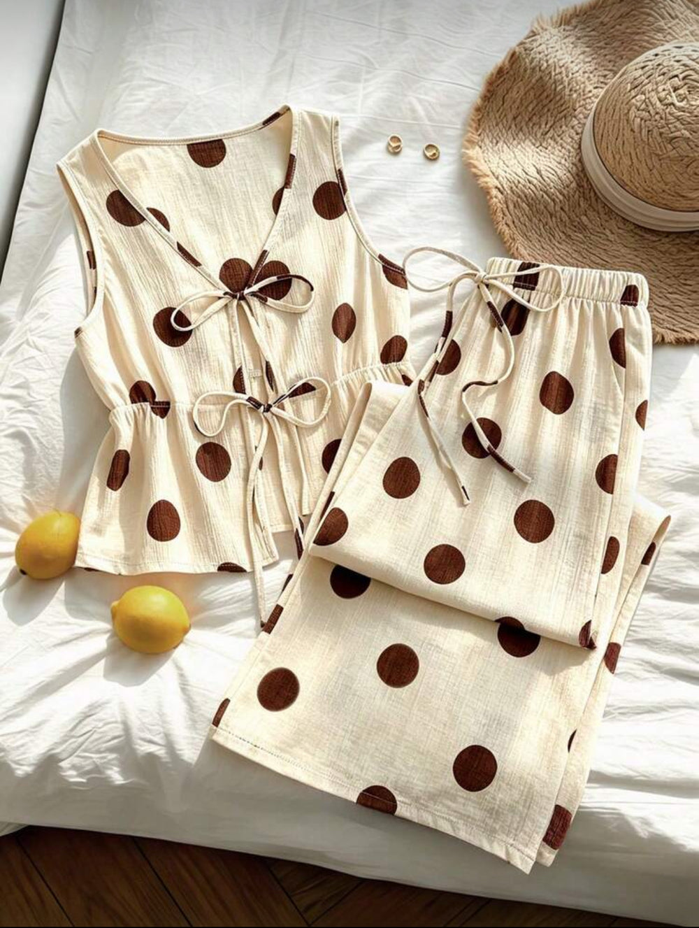 cross-border fashion summer casual vacation women's cute beige two-piece sleeveless polka dot tie-up top and pants set