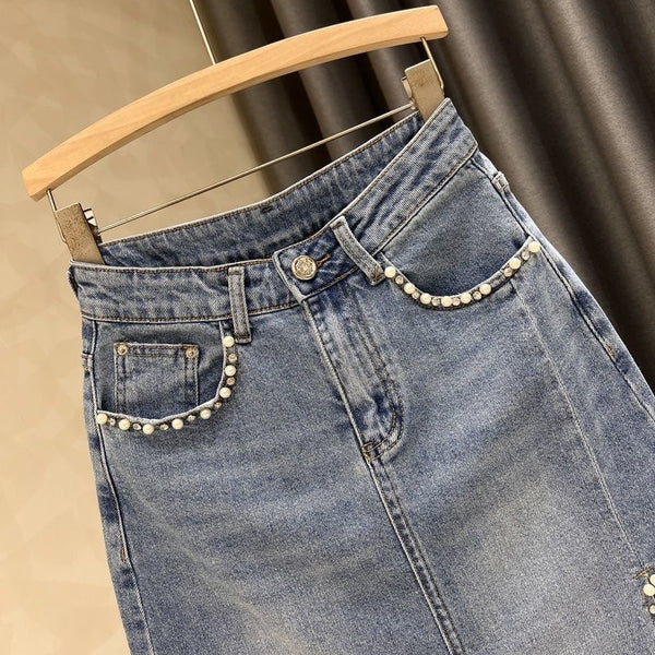 European, American    fashion beads washed rough edge elastic women's denim skirt
