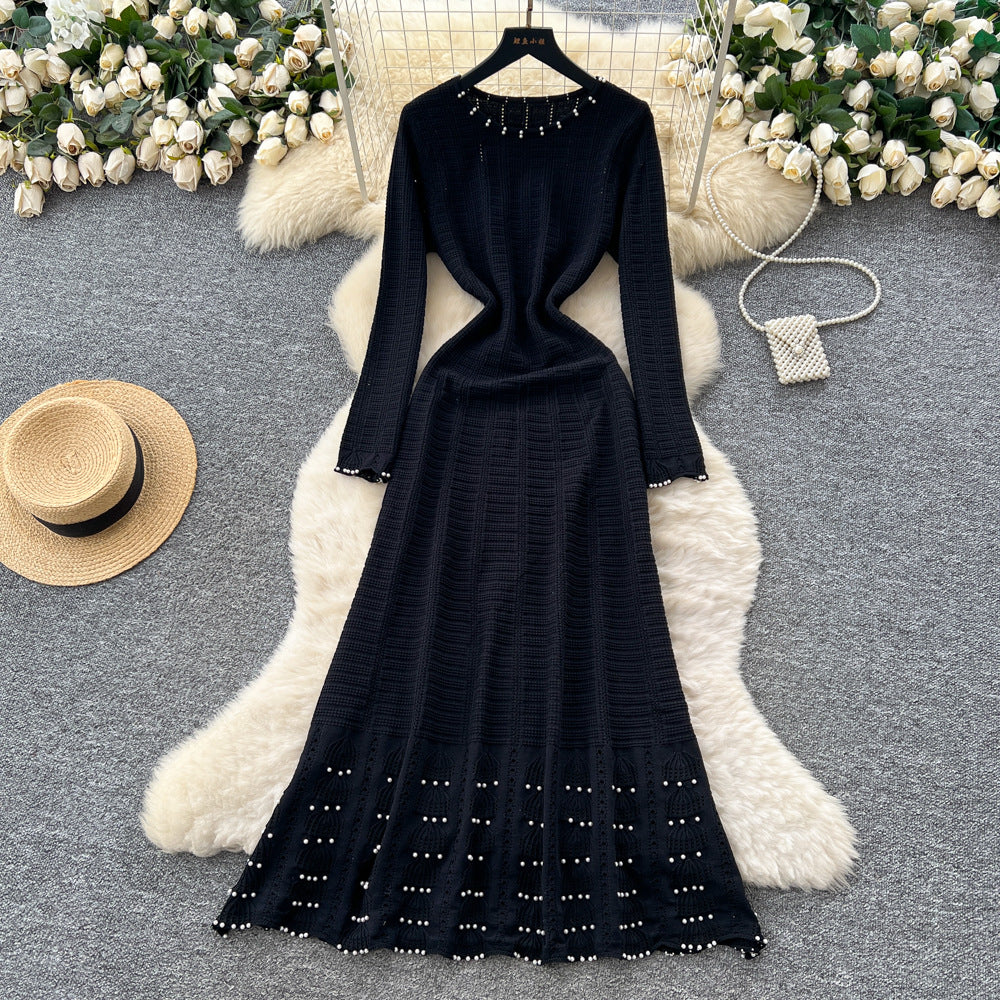Xiaoxiangfengclassy sense of celebrity heavy industry beading round neck long sleevescut outknittingdress female waist inner long skirt