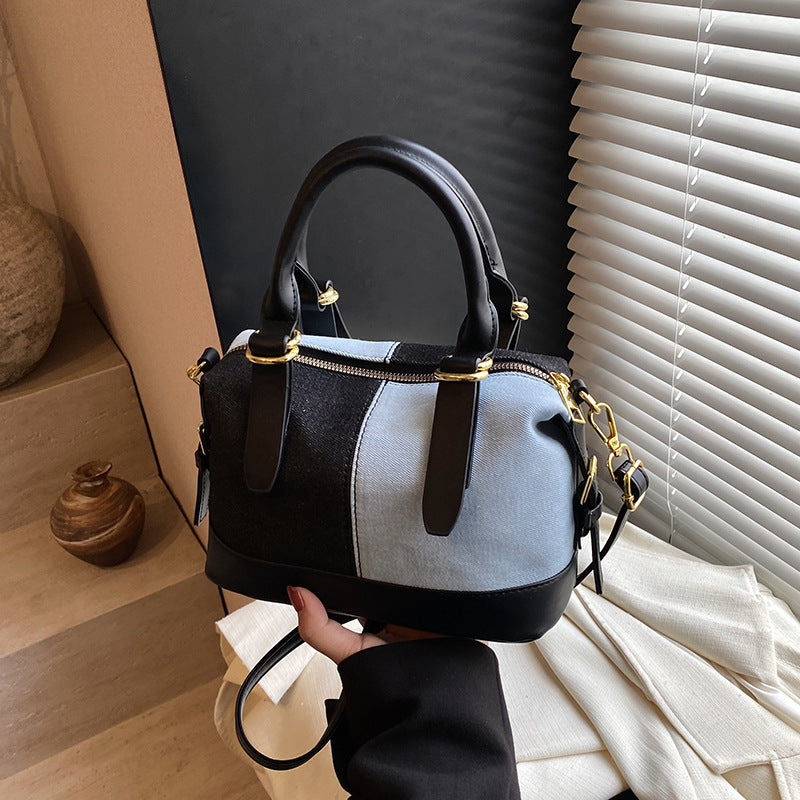 Foreign order denim bag women's versatile 2025 new casual messenger bag contrasting color portable Boston bowling bag