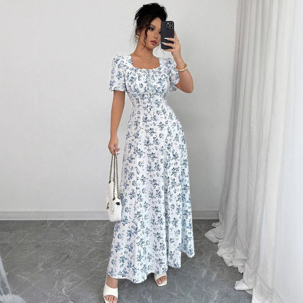 Evening mist spring/summer floral print bubble sleeve dress, fashionable slit hem a-line dress, women's clothing