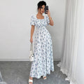 Evening mist spring/summer floral print bubble sleeve dress, fashionable slit hem a-line dress, women's clothing