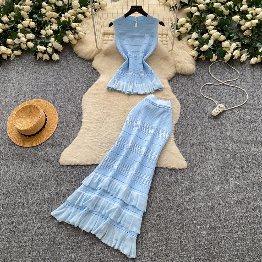 French chic knit tank top & pleated midi skirt set - women's summer slimming & elegant two-piece outfit - high-end style