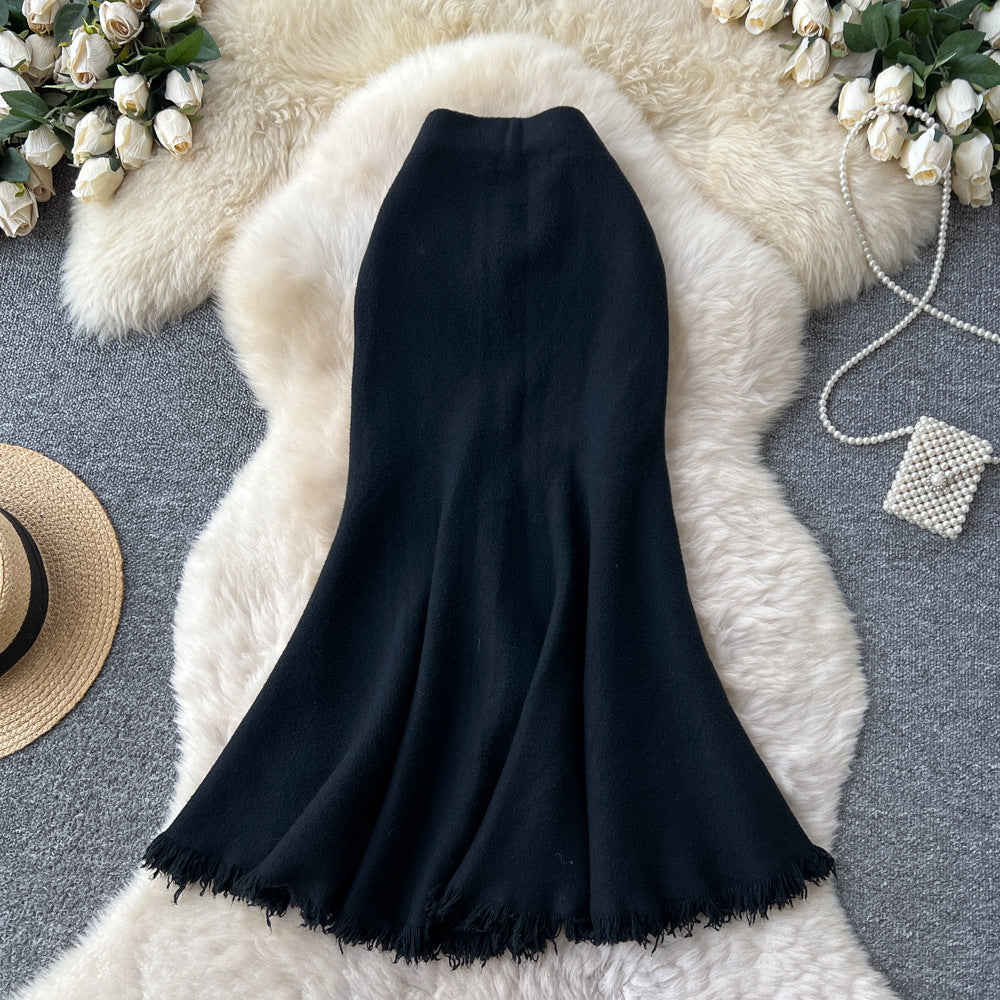 Frenchhigh waisteasiest for match skirt women fall and winter2025new arrivalclassy slimming look silm tassel fishtail knitting skirt