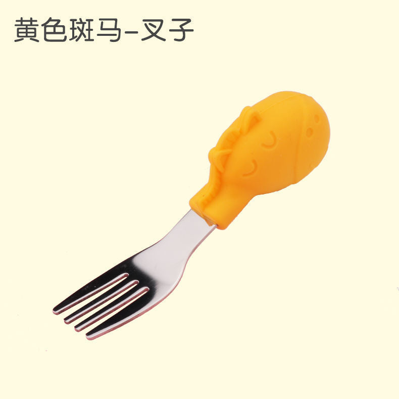 Wholesale baby stainless steel cutlery set: short-handled forks, spoons, silicone plates, and feeding utensil set for infants and toddlers