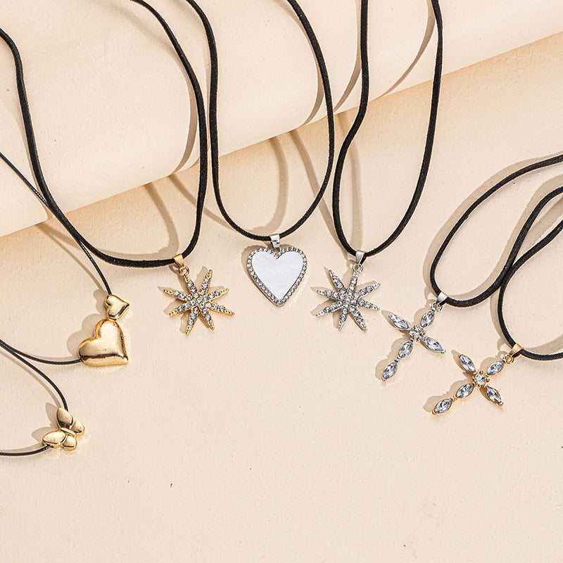 European and american cross-border jewelry: unique rope chain heart pendant, niche star butterfly necklace, diamond-studded cross pendant necklace for women