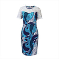 D203 new summer short-sleeve lace patchwork print hollow-out bodycon pencil dress - plus size, european & american style, cross-border e-commerce