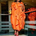 African plus size new loose ruffle batwing sleeve dress - pleated waist, flowy solid color maxi dress