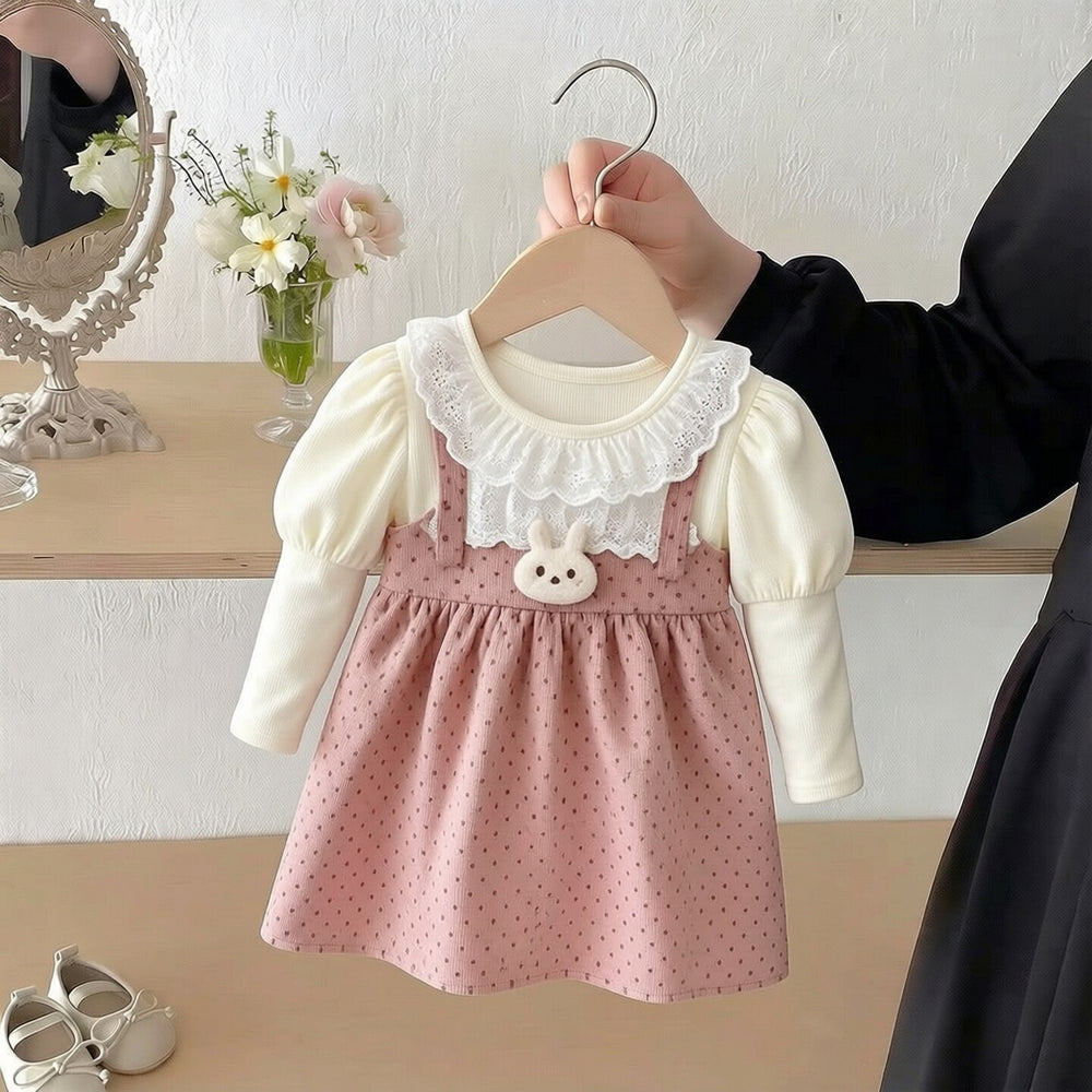 spring new girls' cotton dress, faux two-piece style, korean style toddler short-sleeve dress, cartoon design