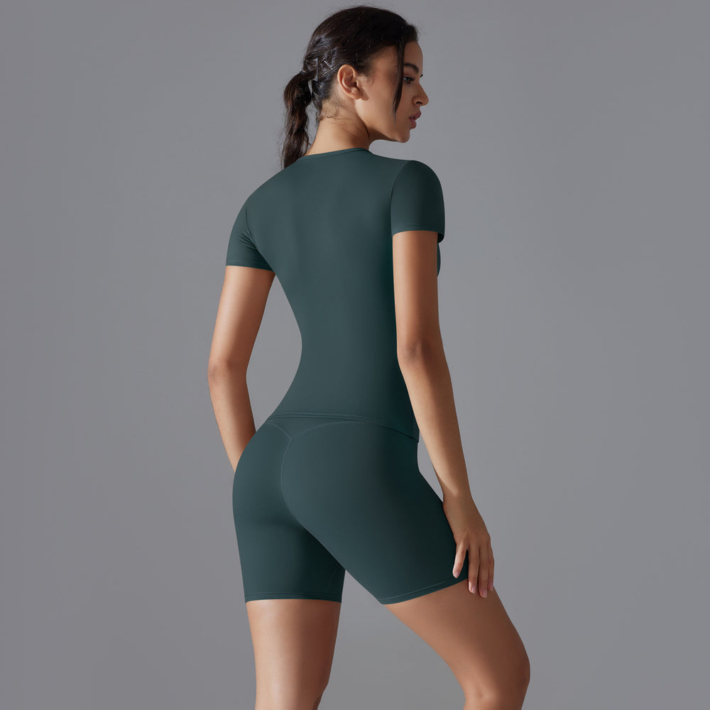 Fashion nude short sleeve t-shirt yoga suit high waist hip lifting tightshorts quick-drying running sports fitness suit