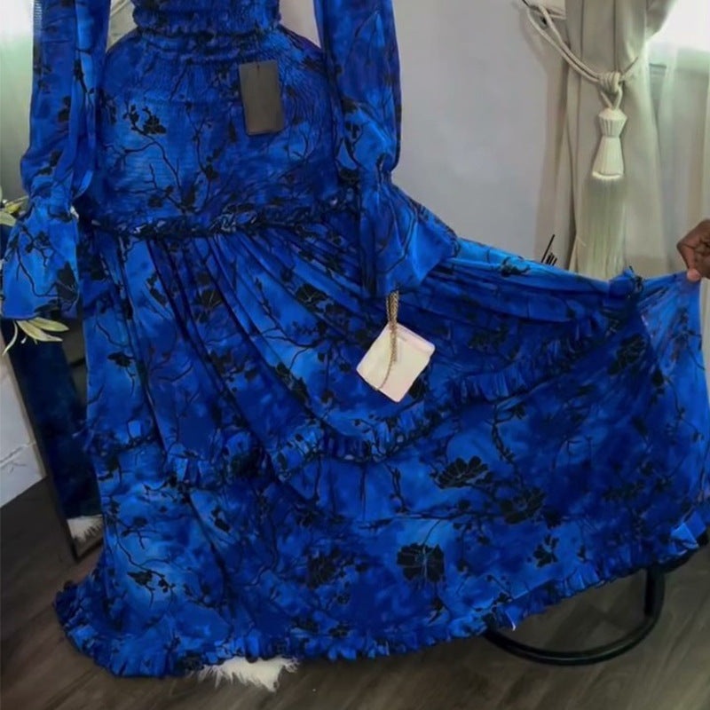 European and american cross-border women's fashion  summer new elegant printed off-the-shoulder ruched flared sleeve top and midi skirt set