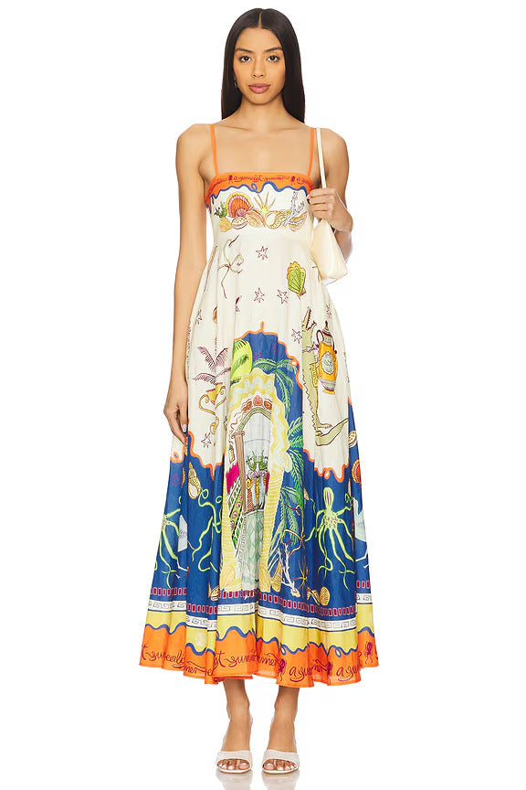 cross-border  women's new elegant high-waisted cotton linen printed camisole casual fashion dress