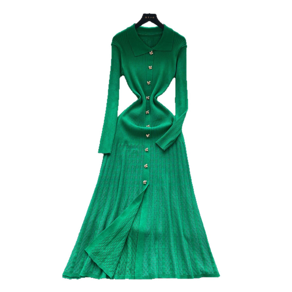 French retro polo collar long sleeve metallic buckle waist dress women's autumn slimming elegant crochet knit maxi dress