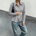Women's slim-fit shirred waist vertical stripe long sleeve blouse - wholesale