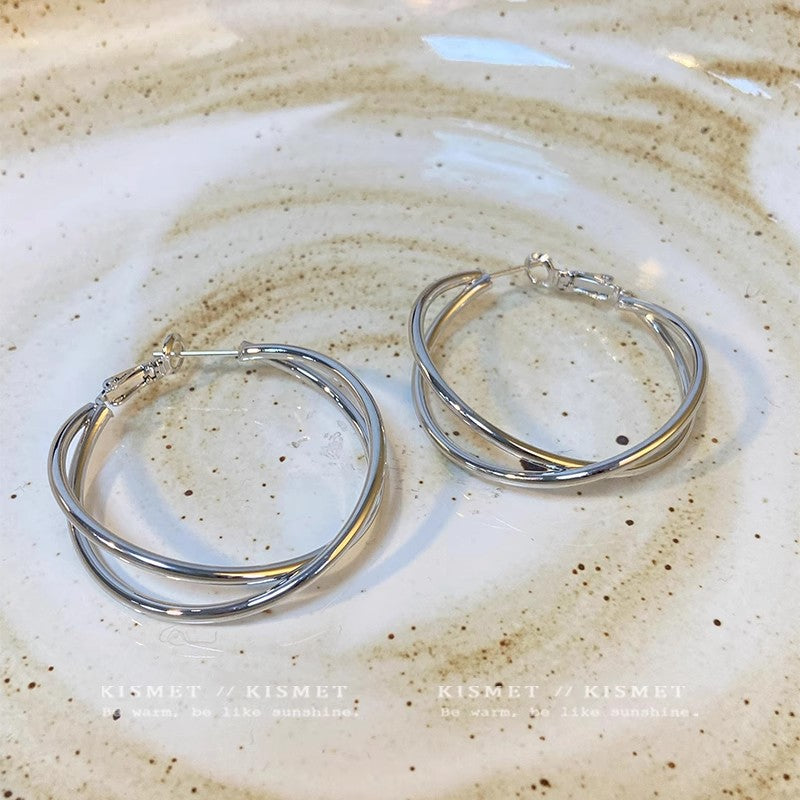 925 silver needle hong kong style retro metal earrings for women classy geometric plain hoop earrings easiest for match exaggerated work clothing earrings