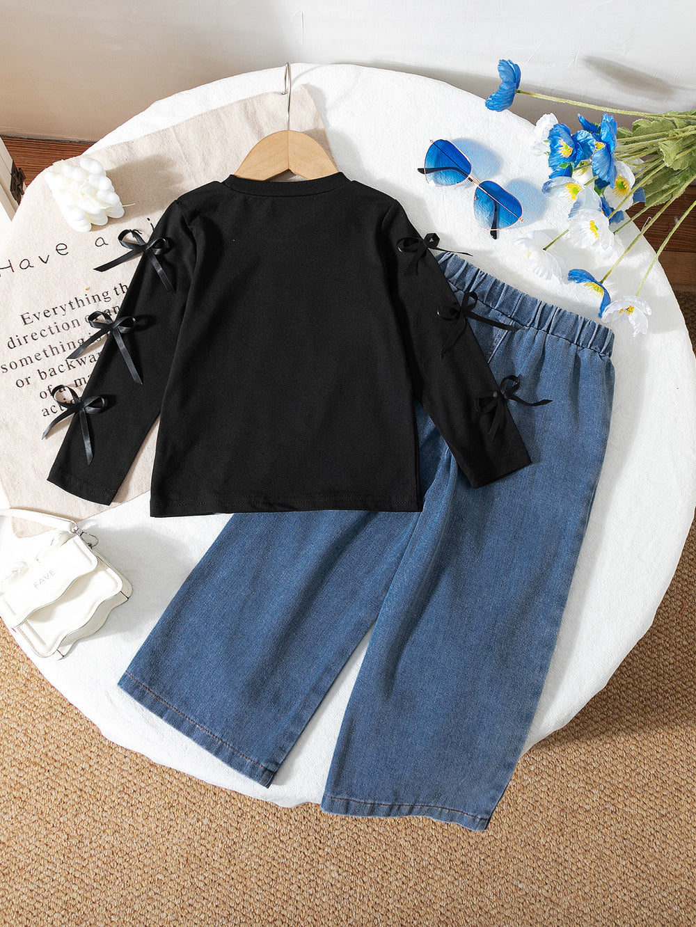 autumn cross-border girls' bow print crew neck top & 3d bow washed denim jeans two-piece set