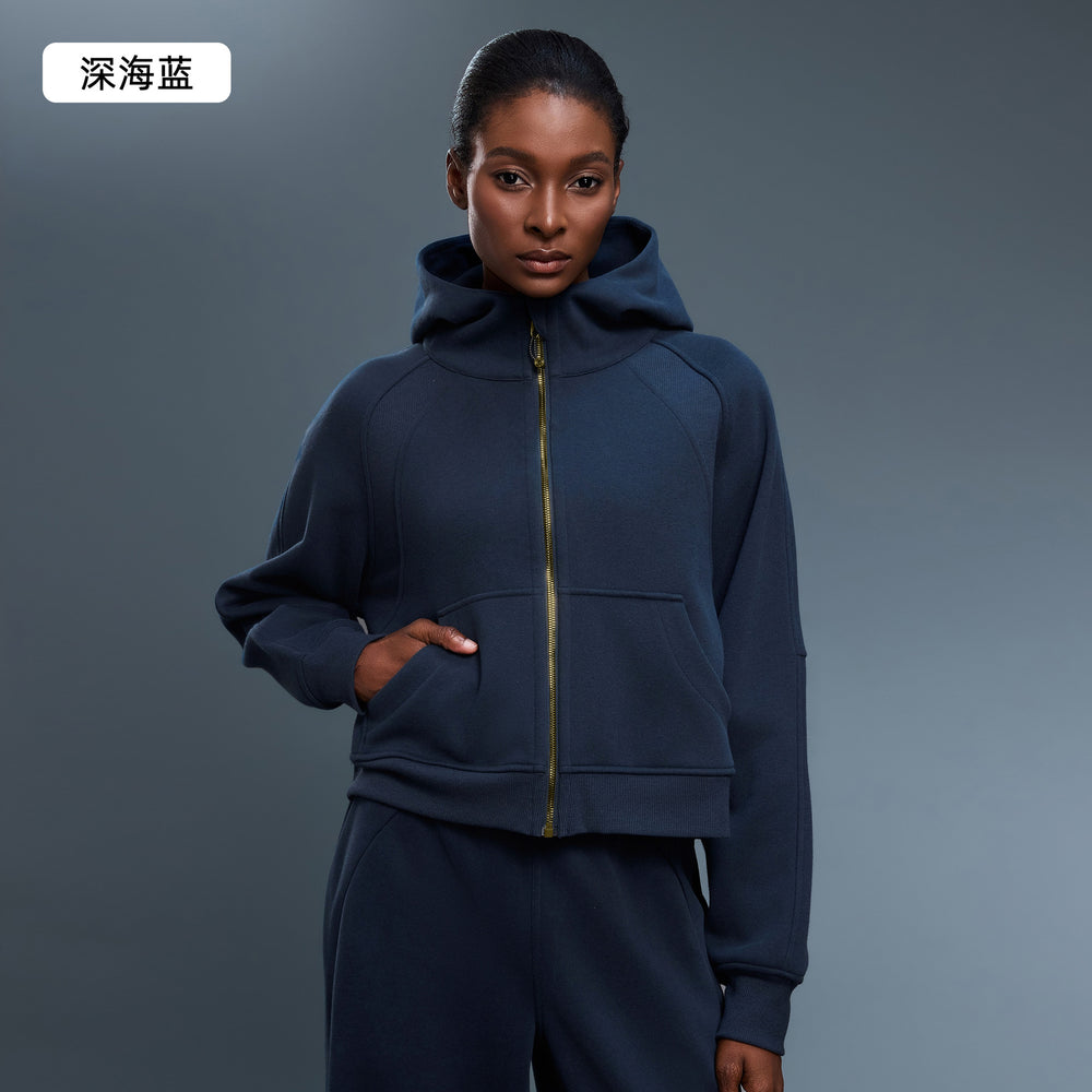 Women's fall/winter hooded cardigan sweatshirt - fleece lined, warm, zip-up jacket - age-defying, loose fit, casual activewear top d25130