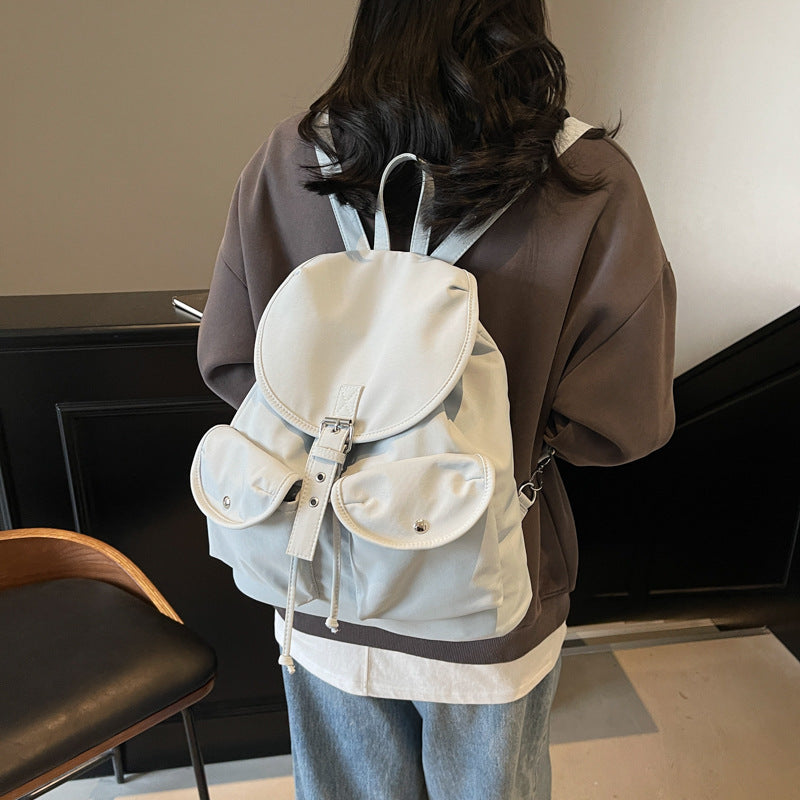 Solid color retro backpack women's 2025 new fashion travel leisure backpack double pocket college bag