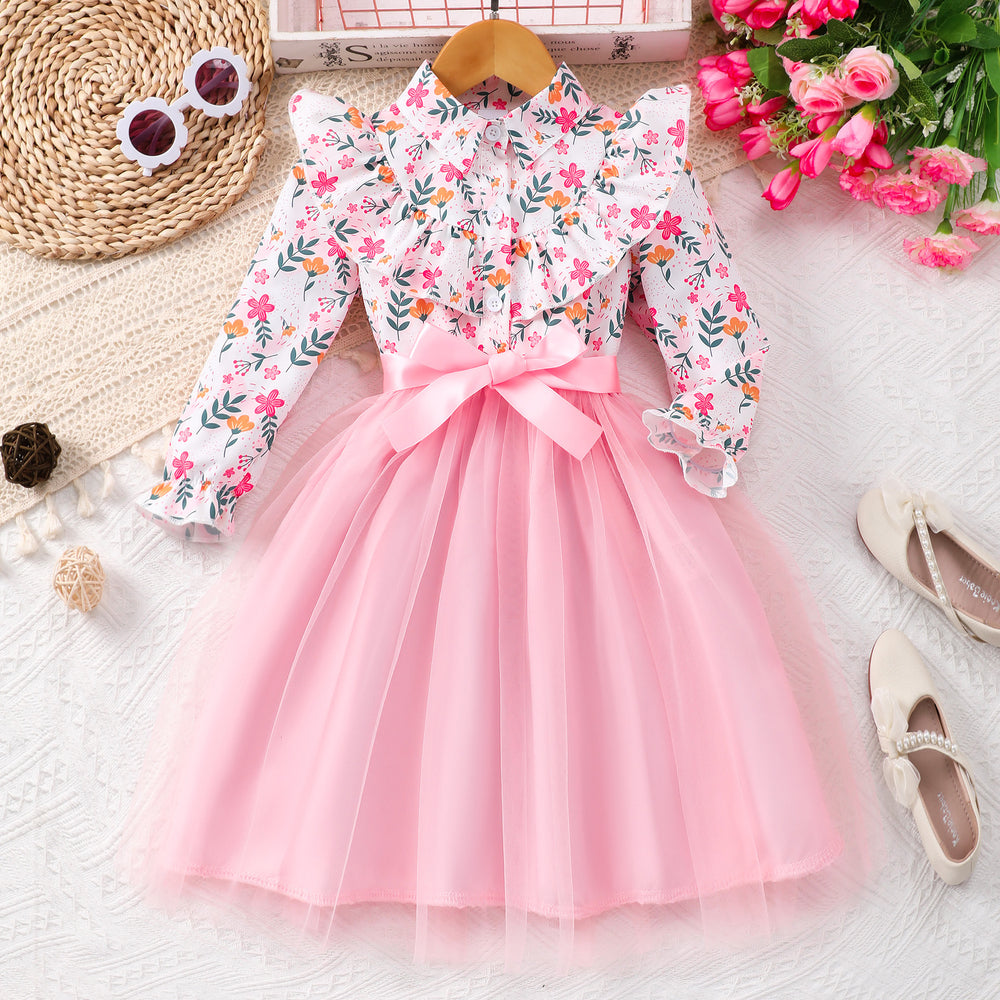 New girls' long-sleeve floral print mesh dress with turn-down collar and woven belt (available in toddler, little girl, and big girl sizes)