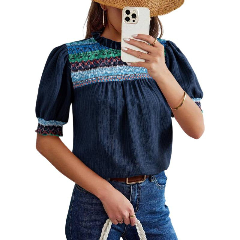 Amazon  summer new casual round neck bubble short sleeve bohemian embroidered shirt top for women