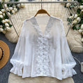 Korean style commute v-neck lace patchwork shirt women's long sleeve loose cardigan rose red top - autumn  collection