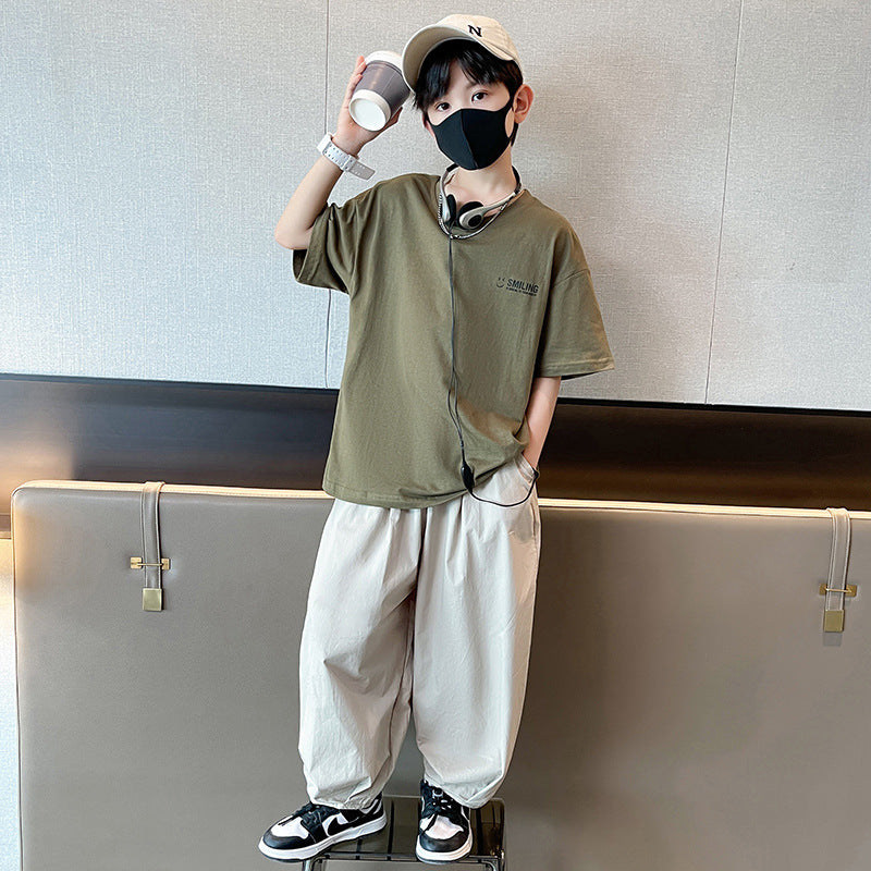 Boys' summer outfit set  new style kids short sleeve mosquito pants casual two-piece set mid-to-large children's clothing boys' clothes