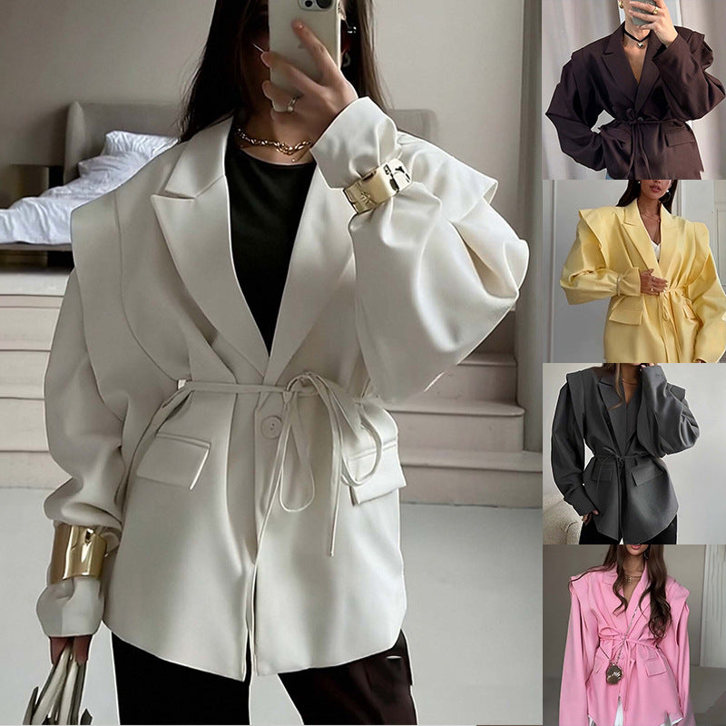 cross-border e-commerce women's fashion: european and american summer new arrivals - stylish, figure-flattering, tie-waist, versatile v-neck blazer jacket