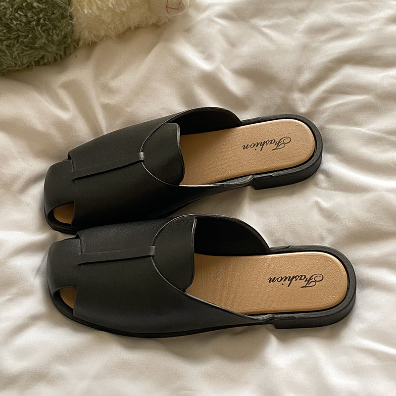 New open-toe solid color mules - summer women's fashionable half-wrap sandals - flat slippers for outdoor wear