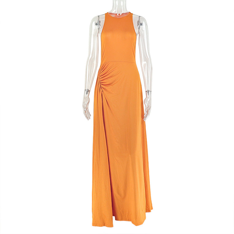 European and american style cross-border new solid color women's bodycon pleated design sleeveless maxi dress with round neck