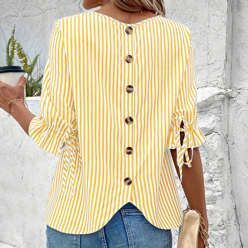 European and american cross-border women's clothing : spring/summer striped cardigan blouse - new loose fit casual women's top