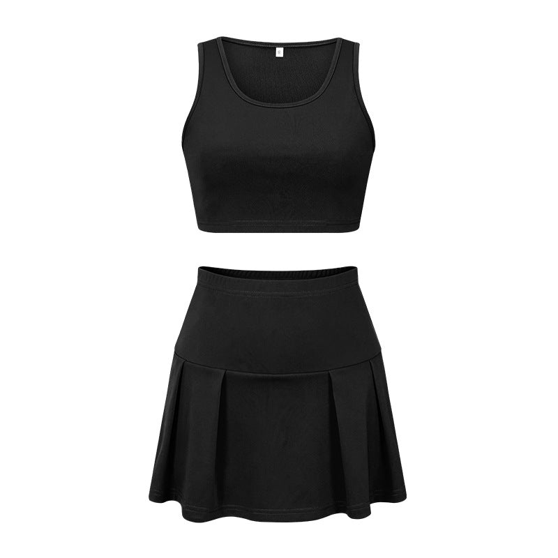 Casual slim-fit sports tank top and skort two-piece set -  european & american fashion, sexy solid color tennis style