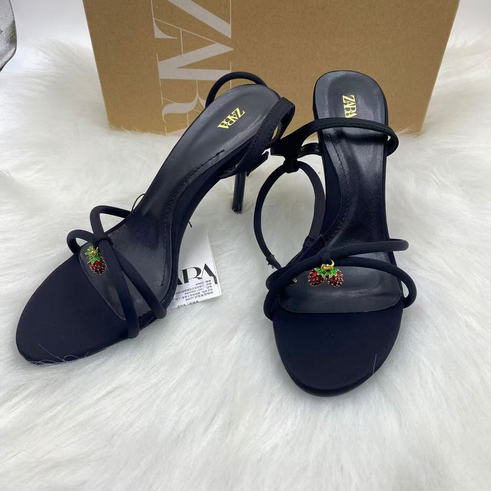 Za women's shoes: new summer 2025 collection - black strappy heeled sandals with rhinestone cherry charm, breathable and casual for outdoor wear