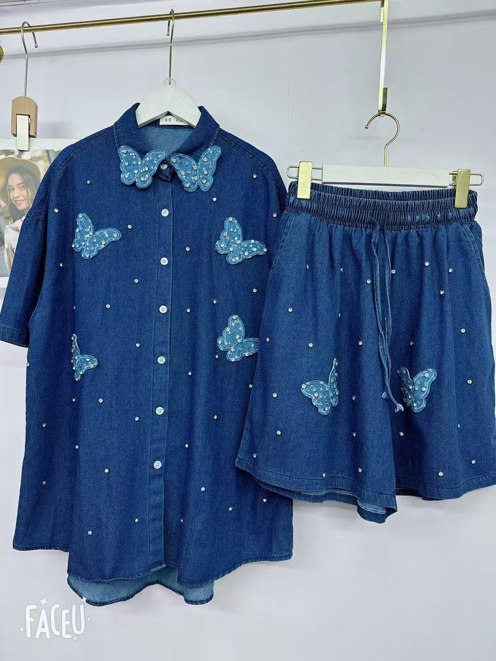new european style heavy-duty denim set for women: designer cardigan and shorts, unique, fashionable, and relaxed fit two-piece outfit