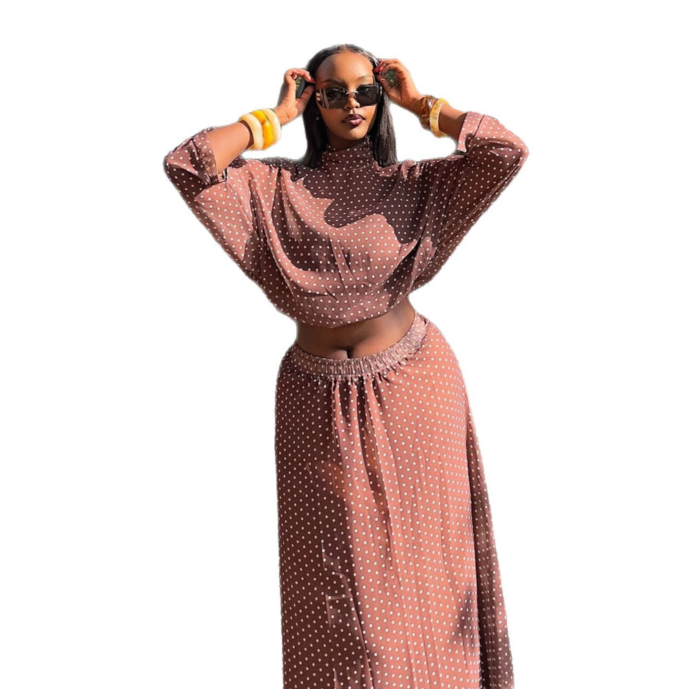 European and american cross-border african women's clothing  summer new casual printed polka dot shirt high-waisted midi skirt set