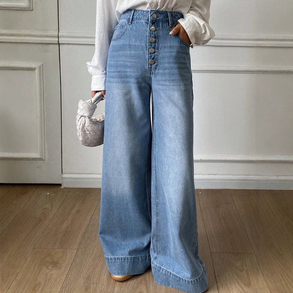 Fashionjeans women's multi-breasted high waist wide leg pants blue washed drapedloosemop denim pants