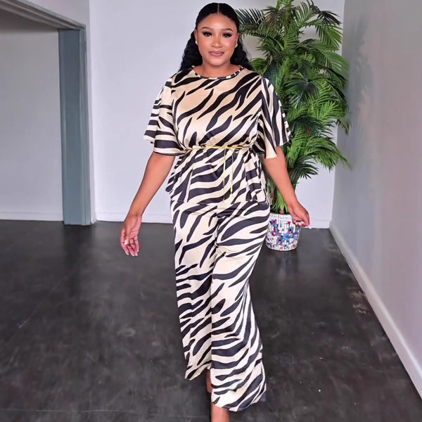 European and American fashion zebra pattern round neck lace-up top wide-leg pants set African women's clothing large size slim two-piece set women