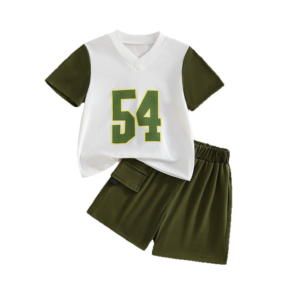 kids' summer outfit: letter print military green patchwork t-shirt and shorts set - unisex sporty two-piece